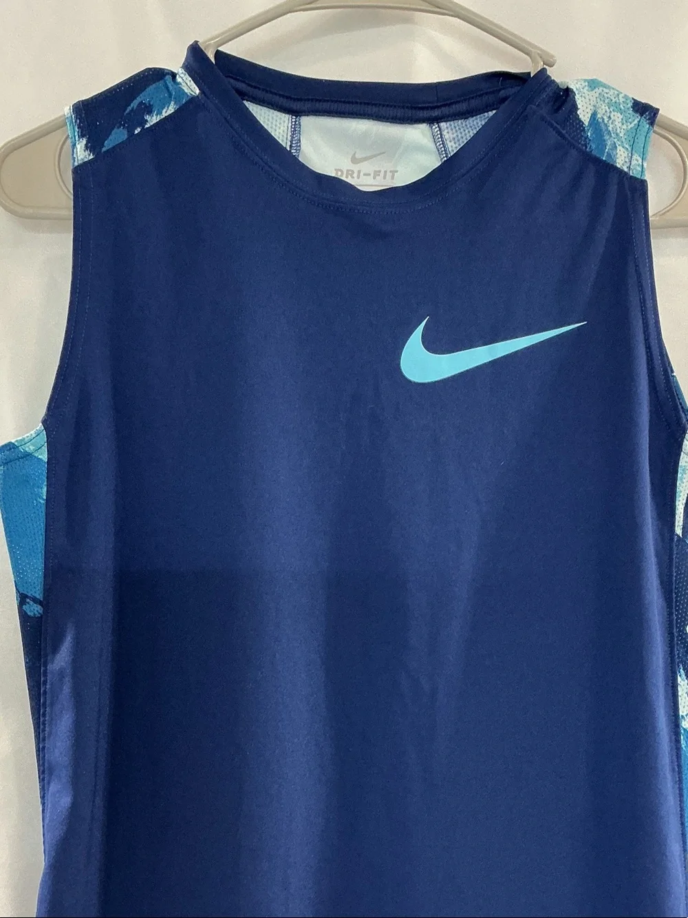 Nike Men’s Navy Tank Top with Light Blue Swoosh and Patterned Side Panels